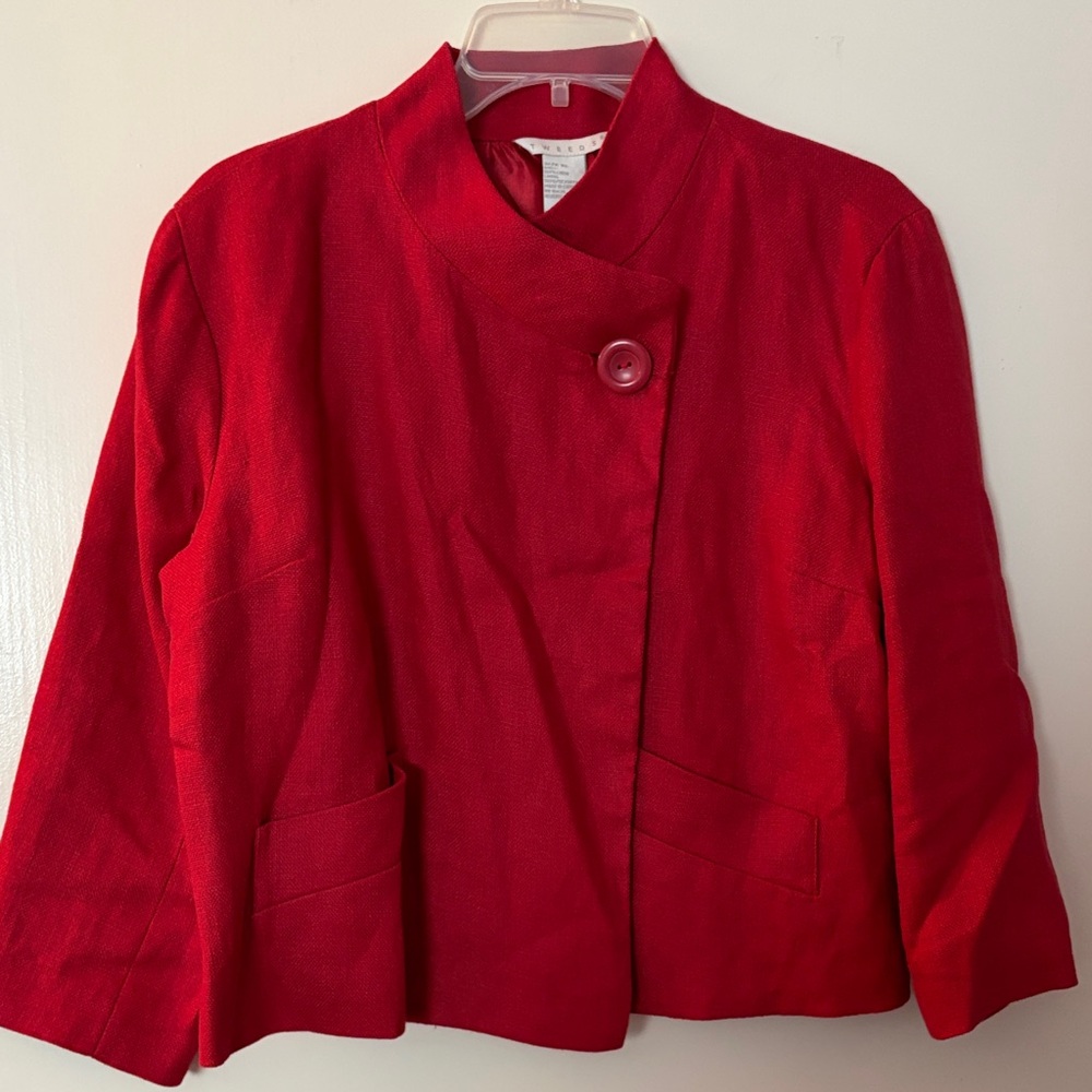 Tweeds Women’s Red Linen Cropped 3/4‎ sleeve Elegant Blazer, size XL